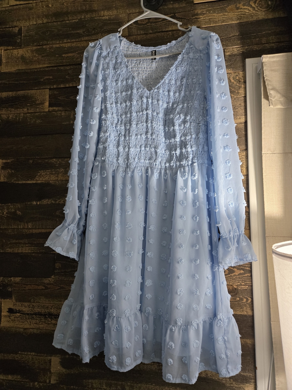 Light Blue Textured Smocked V-Neck Dress